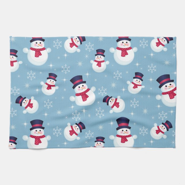 Linge De Cuisine Motif De Noël Bleu Avec Snowmen Et Snowflakes (Horizontal)