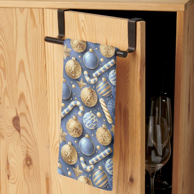 Linge De Cuisine Motif de Noël Gold bleu#12 ID1009 (Pliage en tiers)