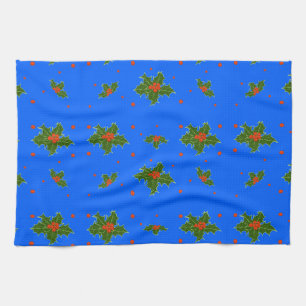 Linge De Cuisine Motif de Noël Holly (Ilex) sur Festive Blue