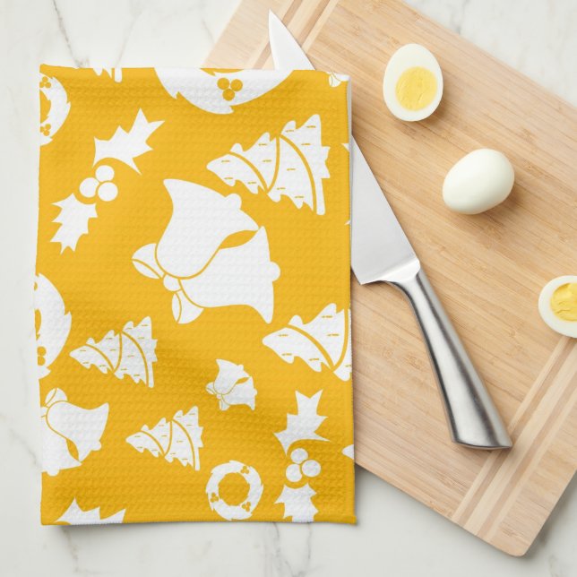 Linge De Cuisine Motif de Noël jaune (Quart Plié)