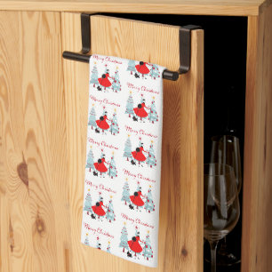 Linge De Cuisine Motif de Noël vintage 1950 Dame avec Chien