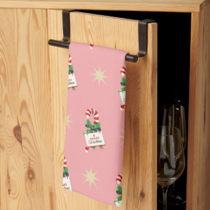 Linge De Cuisine Motif de Noël vintage, cannes à bonbon roses