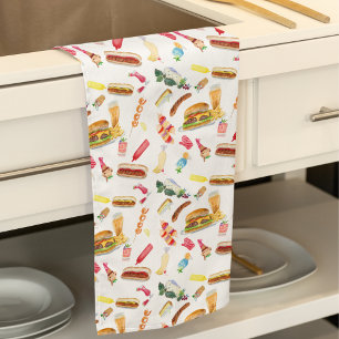 Linge De Cuisine Motif de nourriture BBQ à l'aquarelle, boissons et