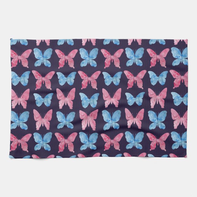 Linge De Cuisine Motif de peinture Aquarelle bleu rose (Horizontal)
