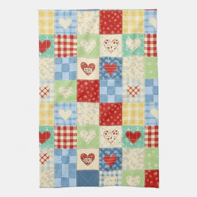 Linge De Cuisine Motif de pique-nique Cœurs Patchwork Rustique (Vertical)
