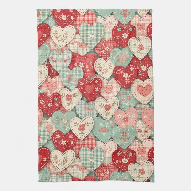 Linge De Cuisine Motif de pique-nique Cœurs Patchwork Rustique (2) (Vertical)