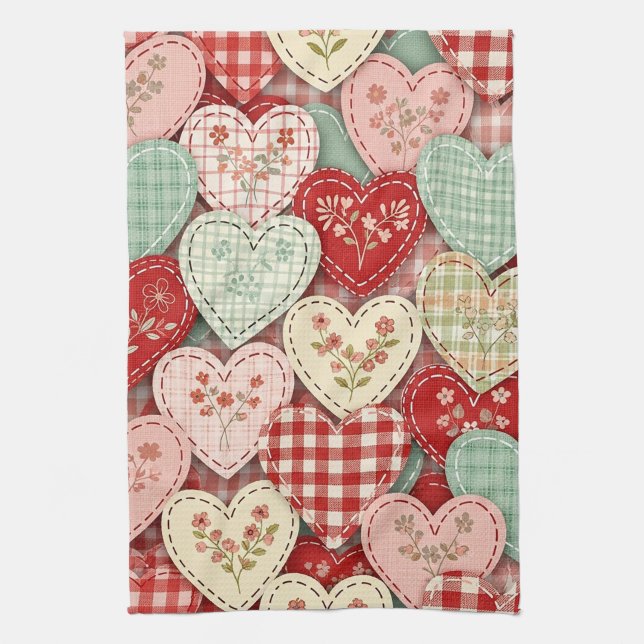 Linge De Cuisine Motif de pique-nique Cœurs Patchwork Rustique (3) (Vertical)