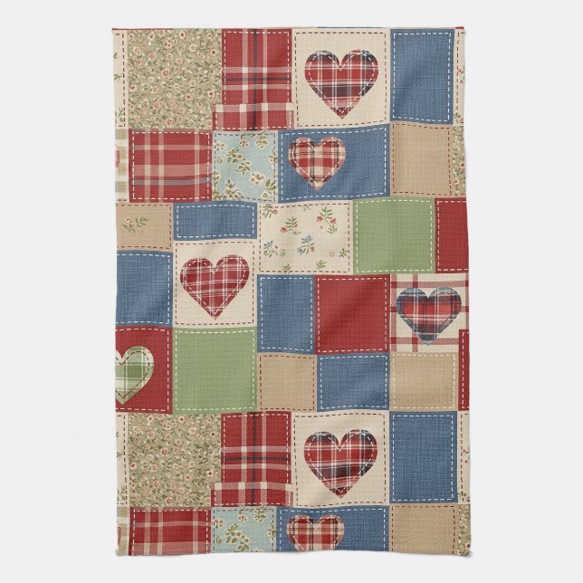 Linge De Cuisine Motif de pique-nique Cœurs Patchwork Rustique (4) (Vertical)