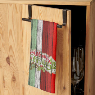 Linge De Cuisine Motif de planches de bois patiné vert rouge foncé