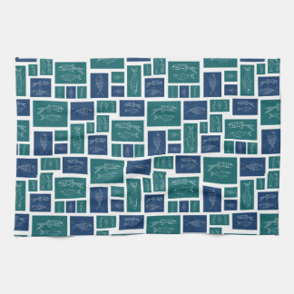 Linge De Cuisine Motif de poisson bleu vert vintage