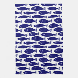 Linge De Cuisine Motif de poissons - bleu-foncé sur le blanc