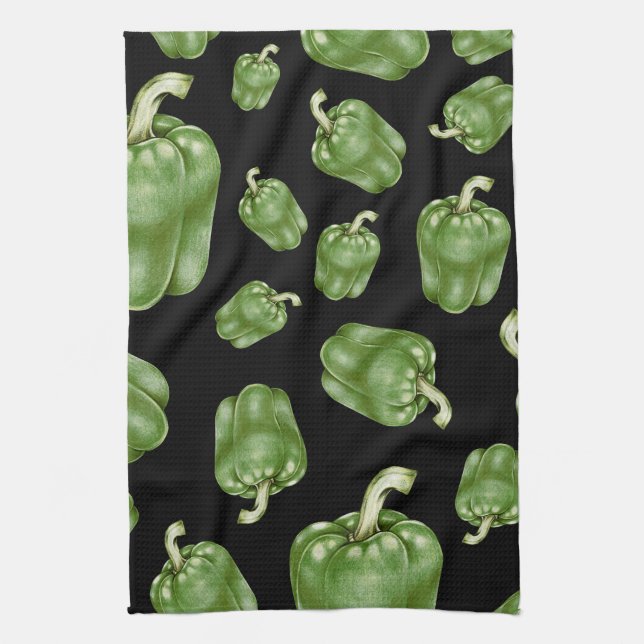Linge De Cuisine Motif de poivre Bell noir et vert (Vertical)