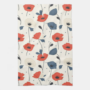 Linge De Cuisine Motif de Poppies d'aquarelle - Rouge, Bleu et Blan