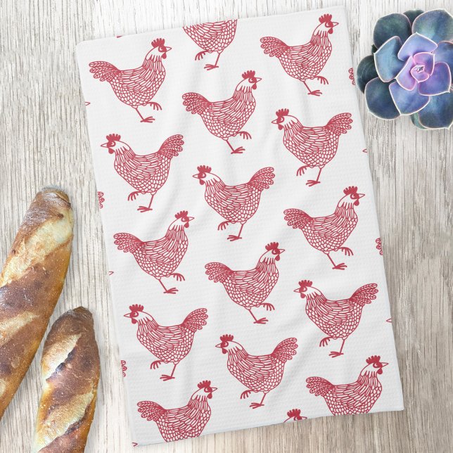 Linge De Cuisine Motif de poulets poulets rouge et blanc (Hen chicken red and white pattern kitchen towel)