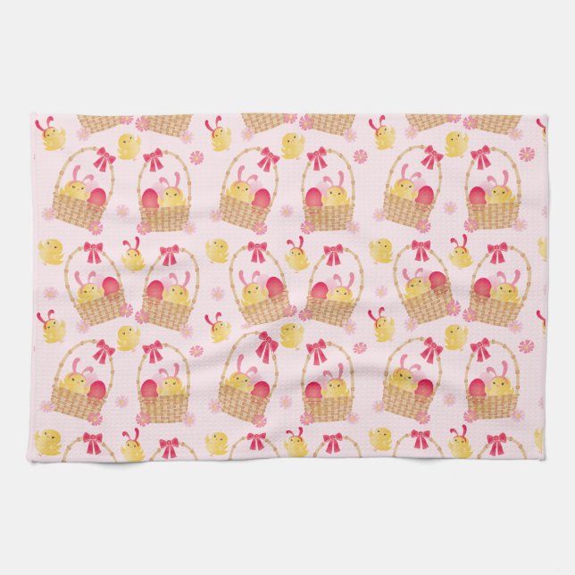 Linge De Cuisine Motif de poussins de Pâques rose (Horizontal)