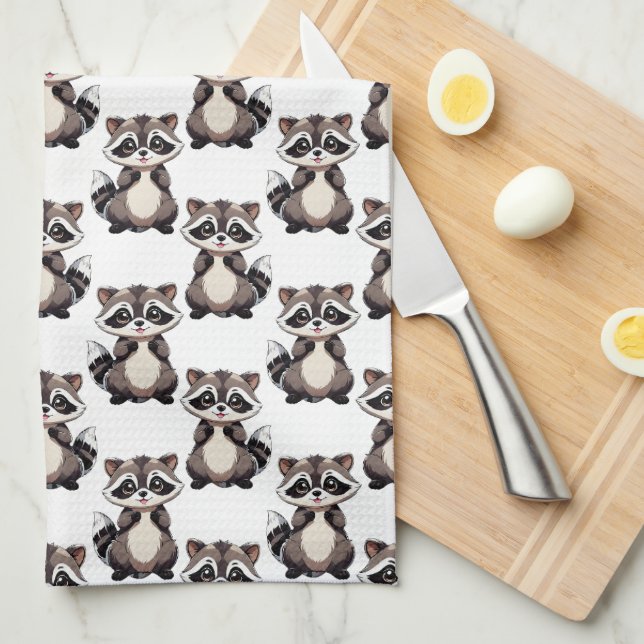 Linge De Cuisine Motif de Raton Laveur Blanc  (Quart Plié)