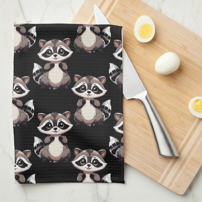 Linge De Cuisine Motif de Raton Laveur Noir  (Quart Plié)