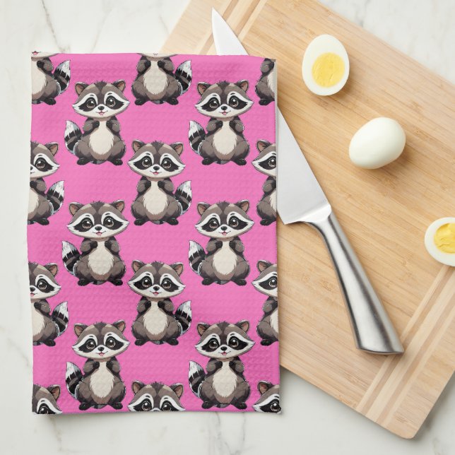 Linge De Cuisine Motif de Raton Laveur Rose  (Quart Plié)