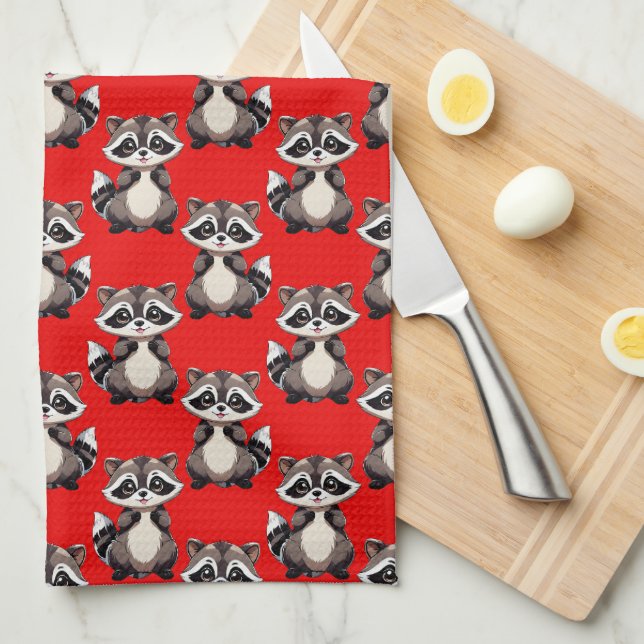Linge De Cuisine Motif de Raton laveur Rouge  (Quart Plié)