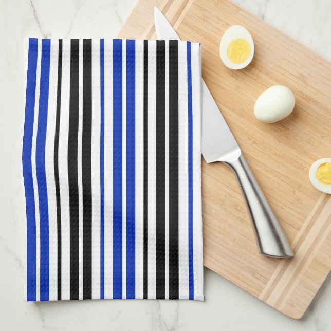 Linge De Cuisine Motif de rayures blanches noires bleues  (Quart Plié)
