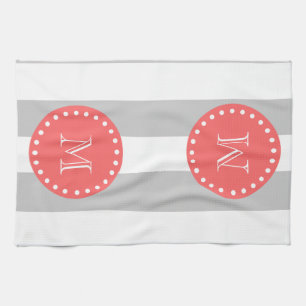 Linge De Cuisine Motif de rayures de blanc gris, monogramme de