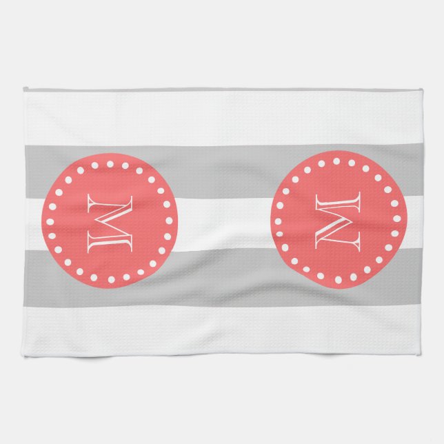 Linge De Cuisine Motif de rayures de blanc gris, monogramme de (Horizontal)