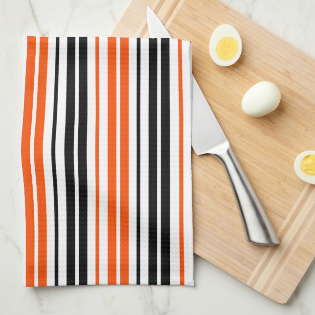 Linge De Cuisine Motif de rayures orange noir blanc Design  (Quart Plié)