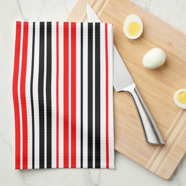 Linge De Cuisine Motif de rayures rouges noires et blanches  (Quart Plié)