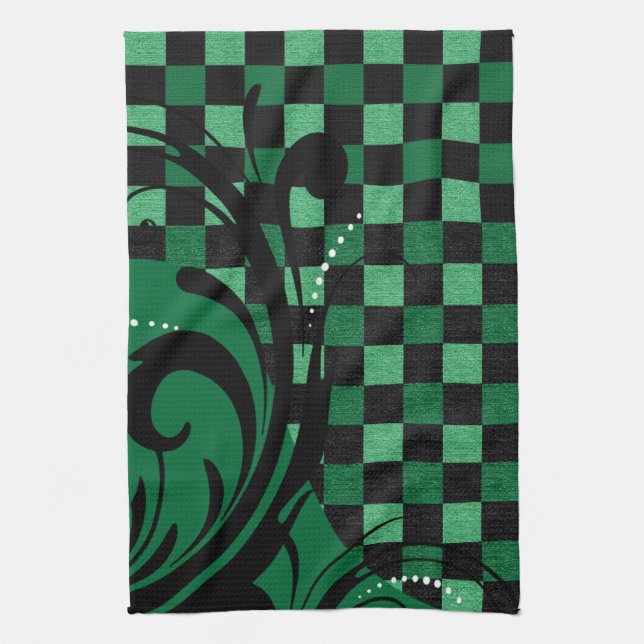 Linge De Cuisine Motif | de remous de damier vert et noir (Vertical)