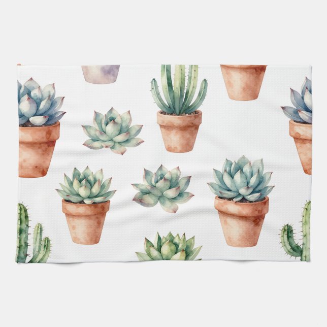 Linge De Cuisine Motif de succulentes à l'aquarelle (Horizontal)