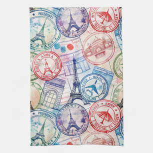 Linge De Cuisine Motif de tampon de voyage du monde vintage (2)