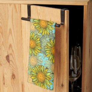 Linge De Cuisine Motif de tournesol jaune avec feuillage et bourgeo