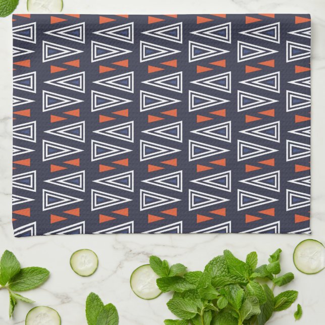 Linge De Cuisine Motif de triangles géométriques bleu foncé et roug (Plié)