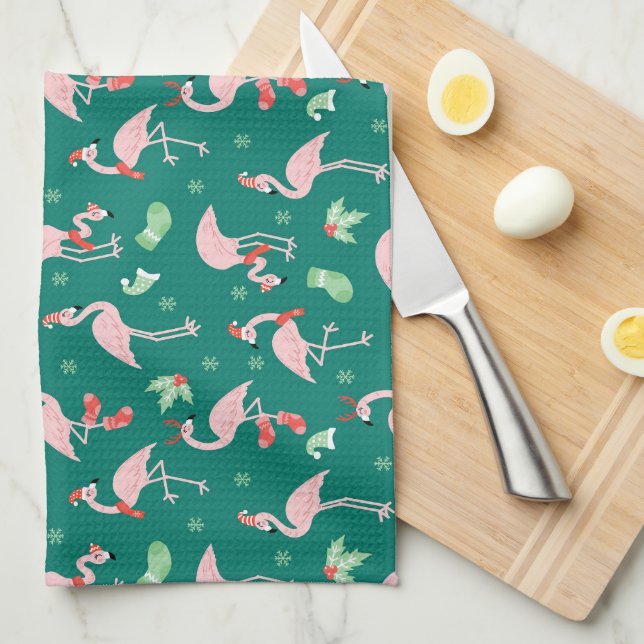 Linge De Cuisine Motif de vacances de Noël vert flamant rose  (Quart Plié)