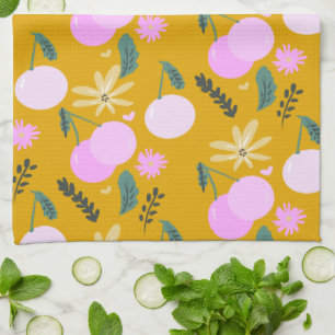 Linge De Cuisine Motif de verdure florale cerise jaune rose 