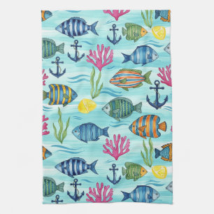 Linge De Cuisine Motif de vie marine côtière coloré (3)