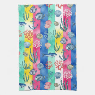 Linge De Cuisine Motif de vie marine côtière coloré (6)