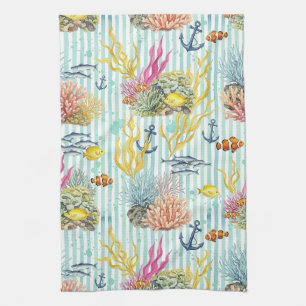 Linge De Cuisine Motif de vie marine côtière coloré (8)