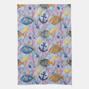 Linge De Cuisine Motif de vie marine côtière coloré (9)