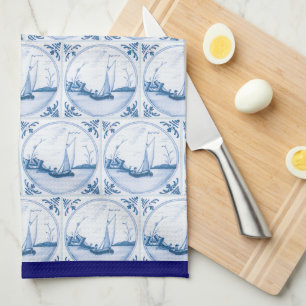 Linge De Cuisine Motif de voilier Delft bleu blanc avec bordure ble