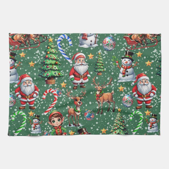 Linge De Cuisine Motif décoratif de Noël sur fond vert (Horizontal)