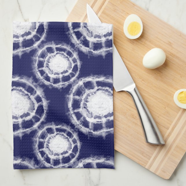 Linge De Cuisine Motif des cercles Shibori bleu et blanc (Quart Plié)