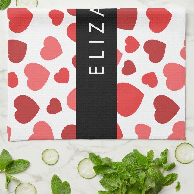 Linge De Cuisine Motif Des Coeurs, Coeurs Rouges, Votre Nom (Plié)