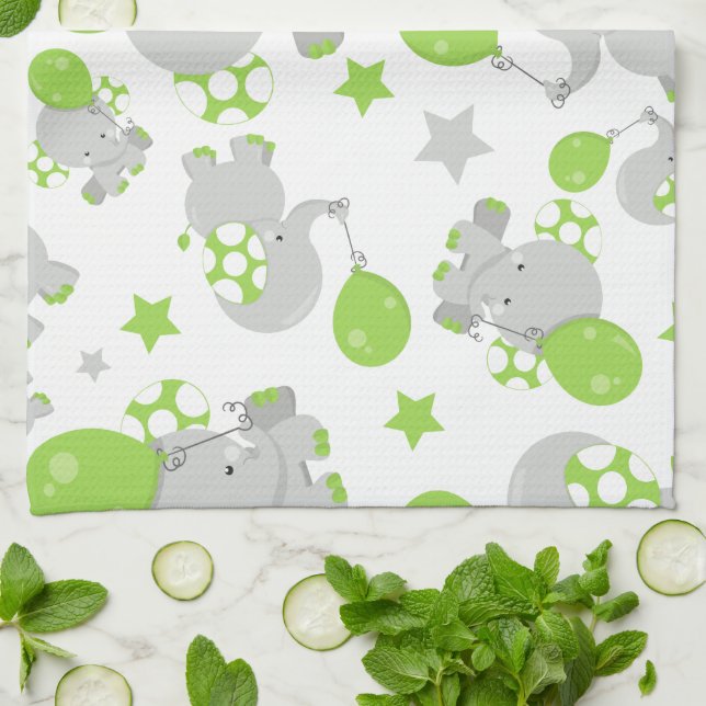 Linge De Cuisine Motif Des Eléphants, Eléphants Mignons - Grey Vert (Plié)