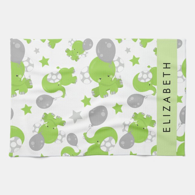 Linge De Cuisine Motif Des Eléphants Verts, Étoiles, Votre Nom (Horizontal)