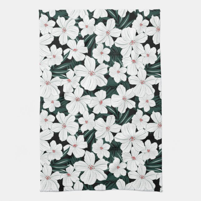 Linge De Cuisine Motif des fleurs tropicales blanches (Vertical)