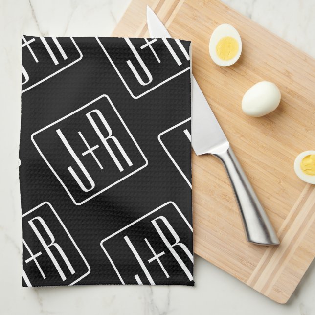 Linge De Cuisine Motif des initiales Mariages modernes | Noir & Bla (Quart Plié)