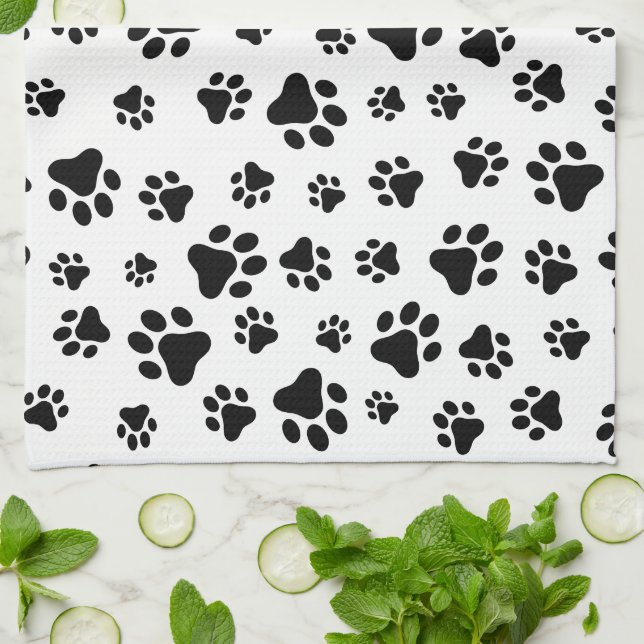 Linge De Cuisine Motif des pattes, pattes de chien, noir et blanc (Plié)