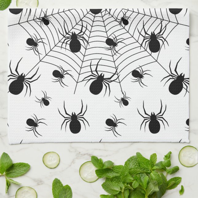 Linge De Cuisine Motif d'Halloween Black White araignées (Plié)