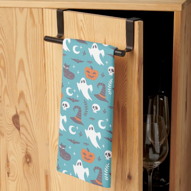 Linge De Cuisine Motif d'Halloween Turquoise amusant (Pliage en tiers)